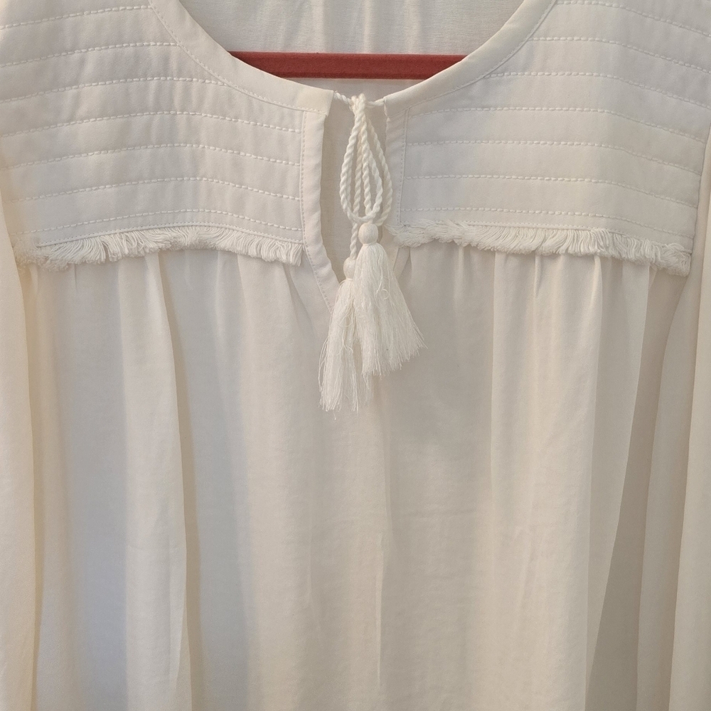LOFT Tie Front Peasant Top With Fringe Detail, 3/4 Length Sleeves, Size S (1205) - Picture 5 of 9